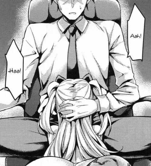 LF Mono Source: 1girl, 1boy, twintails, implied blowjob, 