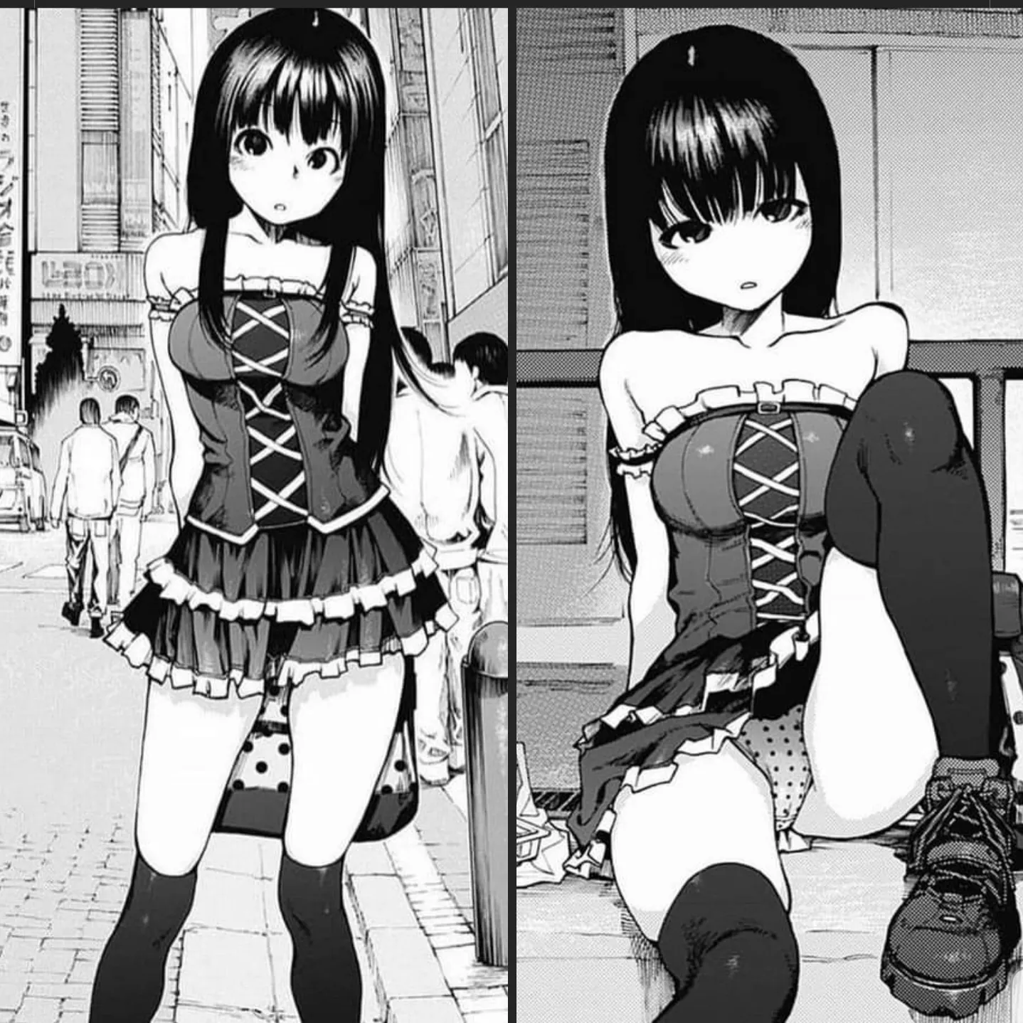 LF Mono Source: 1girl, black hair, long hair, skirt, panties, polka dot, thighhigh, spread legs