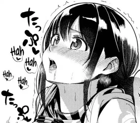 LF Mono Source: 1girl, black hair, sidelocks, blush, open mouth, teeth, tongue, saliva trail/drool, sweat, hair between eyes, trembling, looking up, striped shirt, hoodie/jacket, face, wide eyed,