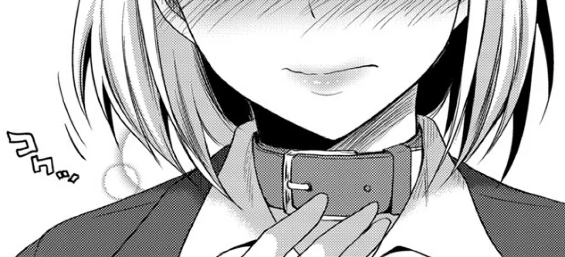 LF Mono Source: 1girl, close up, blush, medium white/blonde hair, choker, collared shirt, head out of frame, lipstick, hand up, clothed female