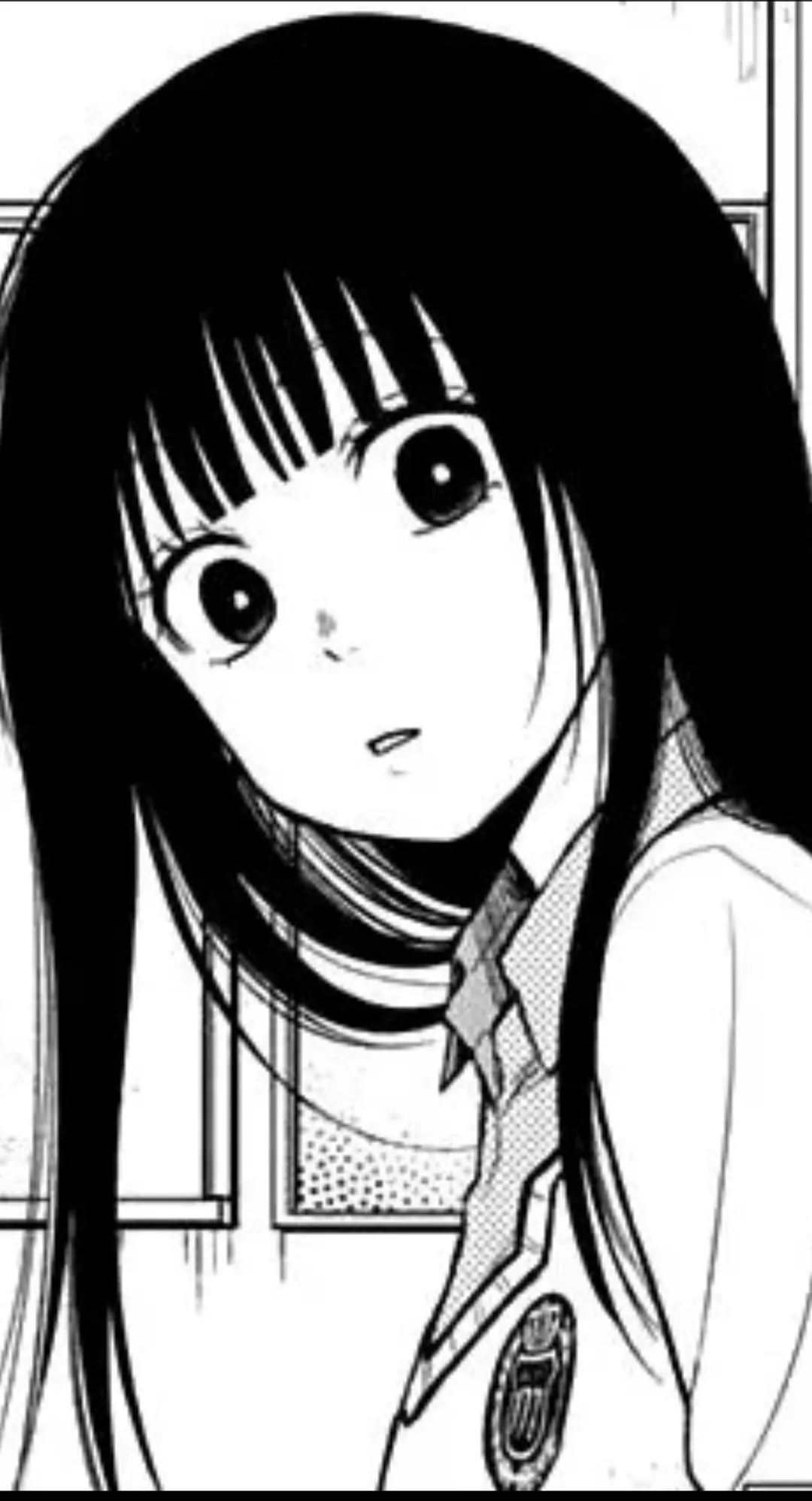 LF Mono Source: 1girl, fangs, black hair, school uniform, looking at viewer, black eyes, scary eyes, head tilted down, hair over shoulder