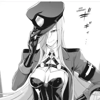 LF Mono Source: 1girl, gloves, hat, hair over left eye, sfx, smiling, left hand on waist