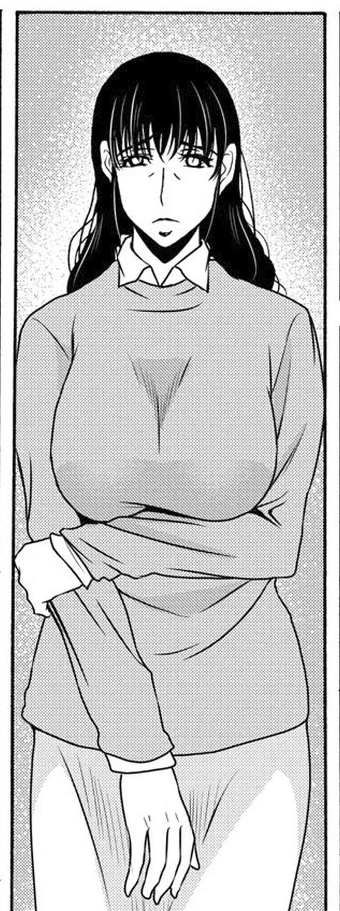 LF Mono Source: 1girl, long hair, black hair, standing, looking at viewer, elbow on arm, big breasts, full sleeve