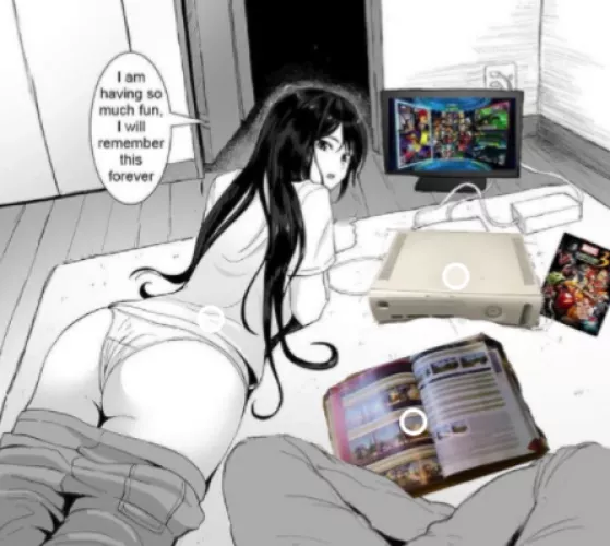 LF Mono Source: 1girl, long hair, from behind, floor, door, ass, television, books, consoles, blankets, pants, pants-down, panties,