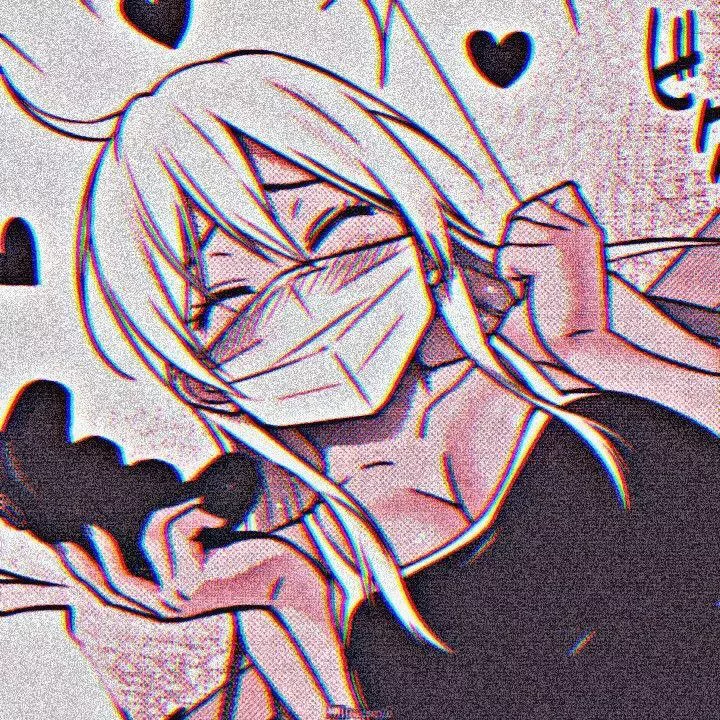 LF Mono Source: 1girl, mask, long hair, white hair, blush, joystick, hair between eyes, brown shade, brown filter, big breasts, arms up, spoken out heart, japanese text