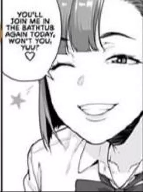 LF Mono Source: 1girl, smile/smirk, open mouth, teeth, wink, one eye closed, eyebrow visible through hair, short dark hair, sidelock, blunt bangs, schoolgirl/school uniform, white collared shirt, bowtie, collarbone, spoken heart, star,