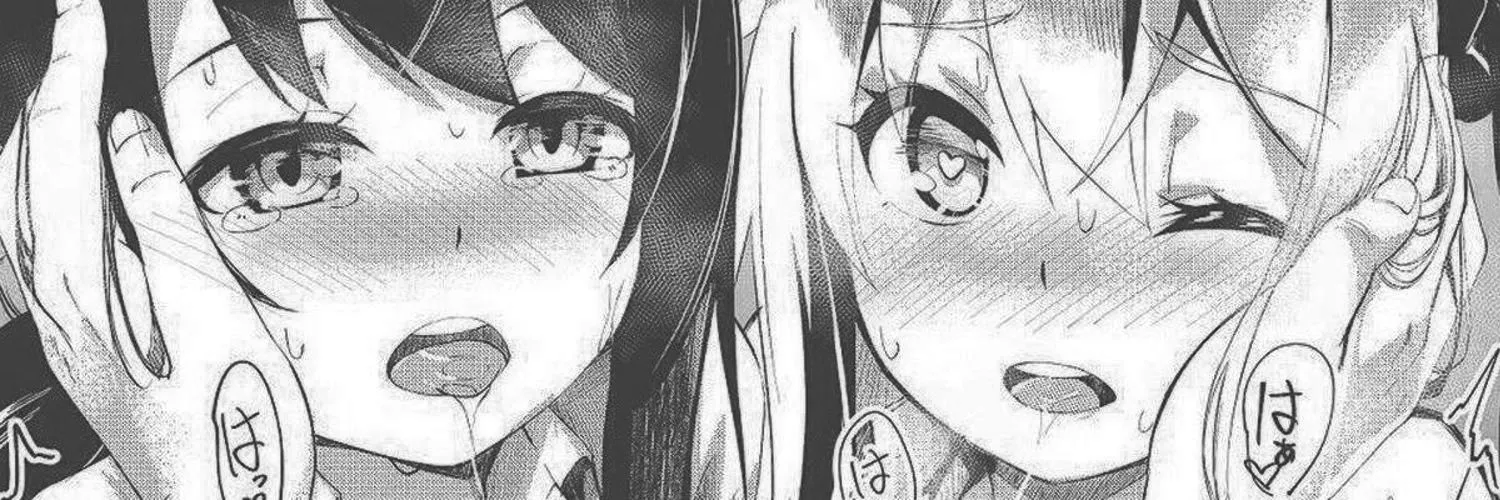 LF Mono Source: 2girls, eyebrows visible through hair, tears, blush, sweat, hair between eyes, heart-shaped pupils, one eye closed/wink, open mouth, upper teeth, drool, saliva trail, hands on another's cheeks/face, japanese/foreign text