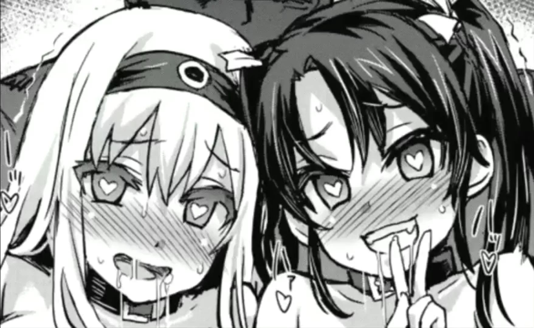 LF Mono Source: 2girls, Twintails, peace sign, heart eyes, heart, headband, saliva, smiling, hair bow, neck collar