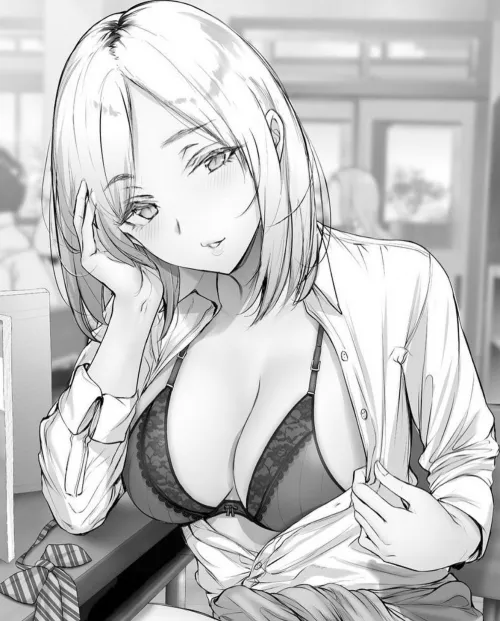 LF Mono Source: Blonde? hidden? black bra, white button shirt