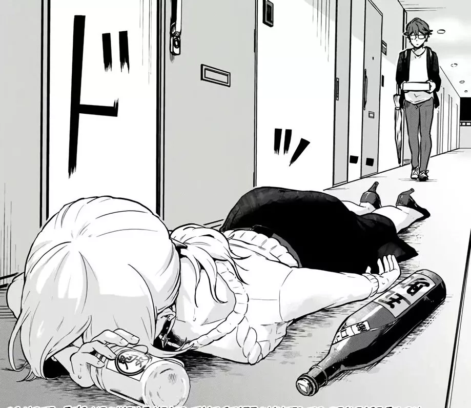 LF Mono Source: Face Down, Japanese Text, Alcohol, 1boy, 1girl, Sweater, Skirt, Heels