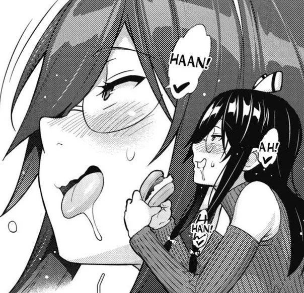 LF Mono source, long black hair, eating, hamburger, ahegao, drooling, glasses, long sleeves, open shoulder