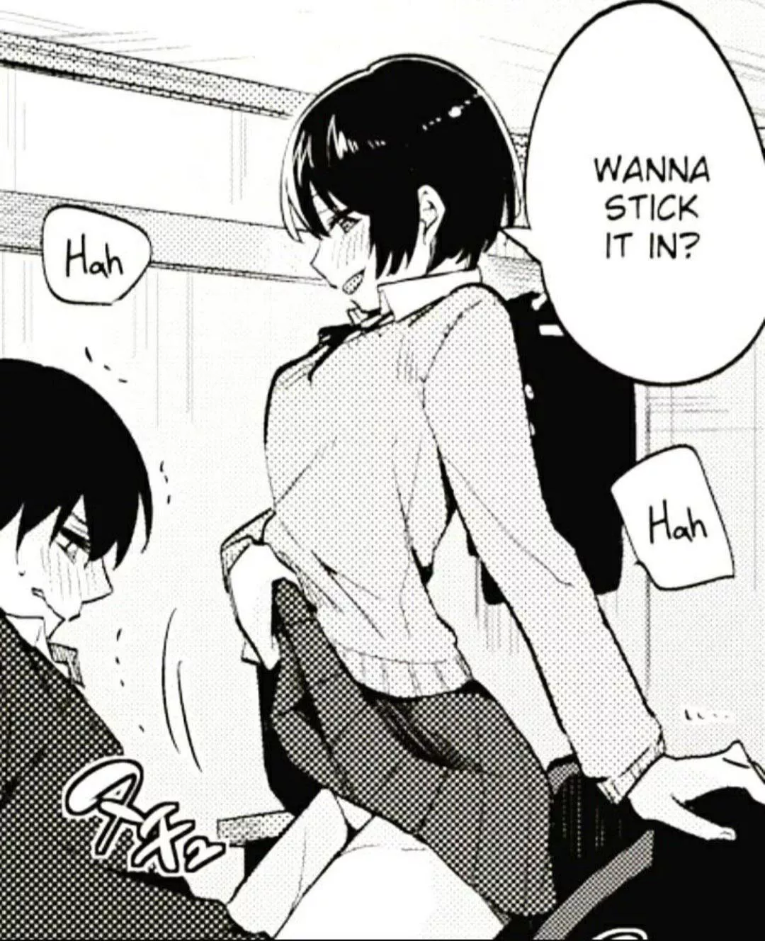 LF mono source: “wanna stick it in?” “hah” “hah” 1girl, 1boy, school uniform, skirt lift, short skirt, sweater, foreign text