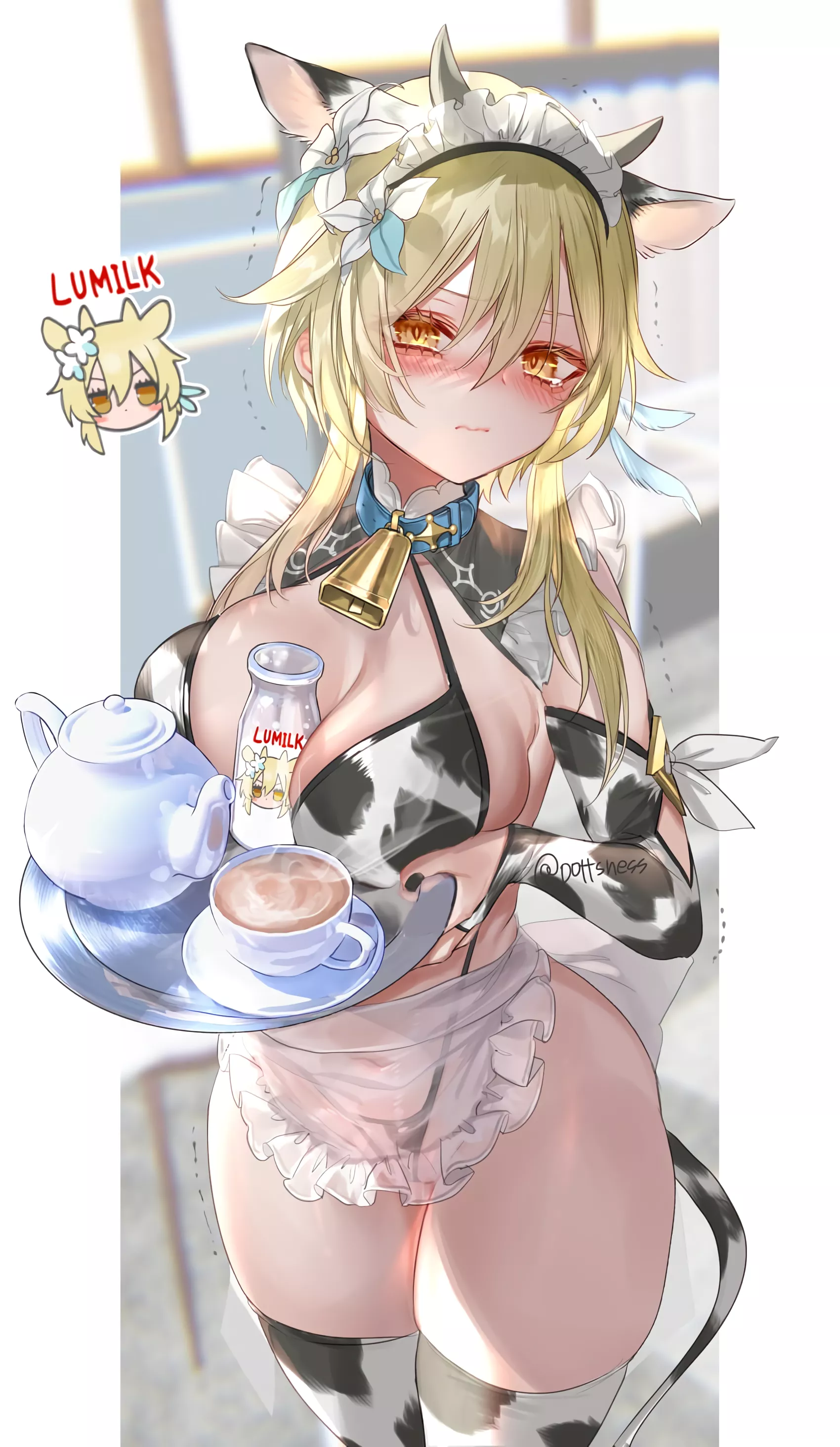 Lumine with tea and Lumilk (pottsness) [Genshin Impact]