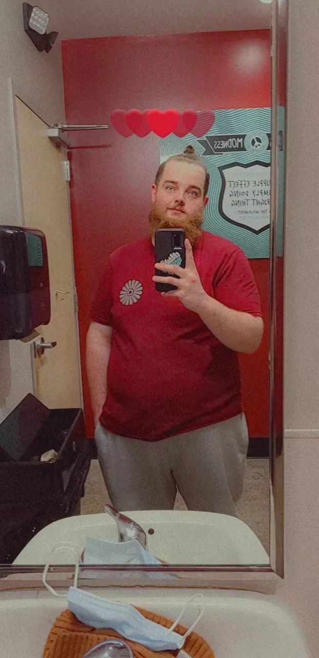 Man bun and sweats today for this long af shift. You should come join me in the bathroom on my break!