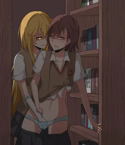 Misaki fingering Misaka in the library [Toaru Kagaku No Railgun]