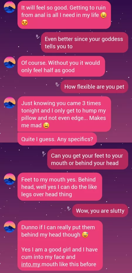 Mmmm my new little sissy pet makes me so proud, she has done so well that she would like some tasks. She loves being teased, feet, anal humiliation and pleasing goddess. Please help reward my girl with tasks as long as they don't involve her taking off