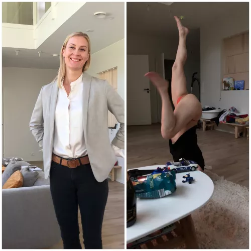 Mom before she’s off to work and mom when she’s back from work(+ 1 bottle of champagne)…