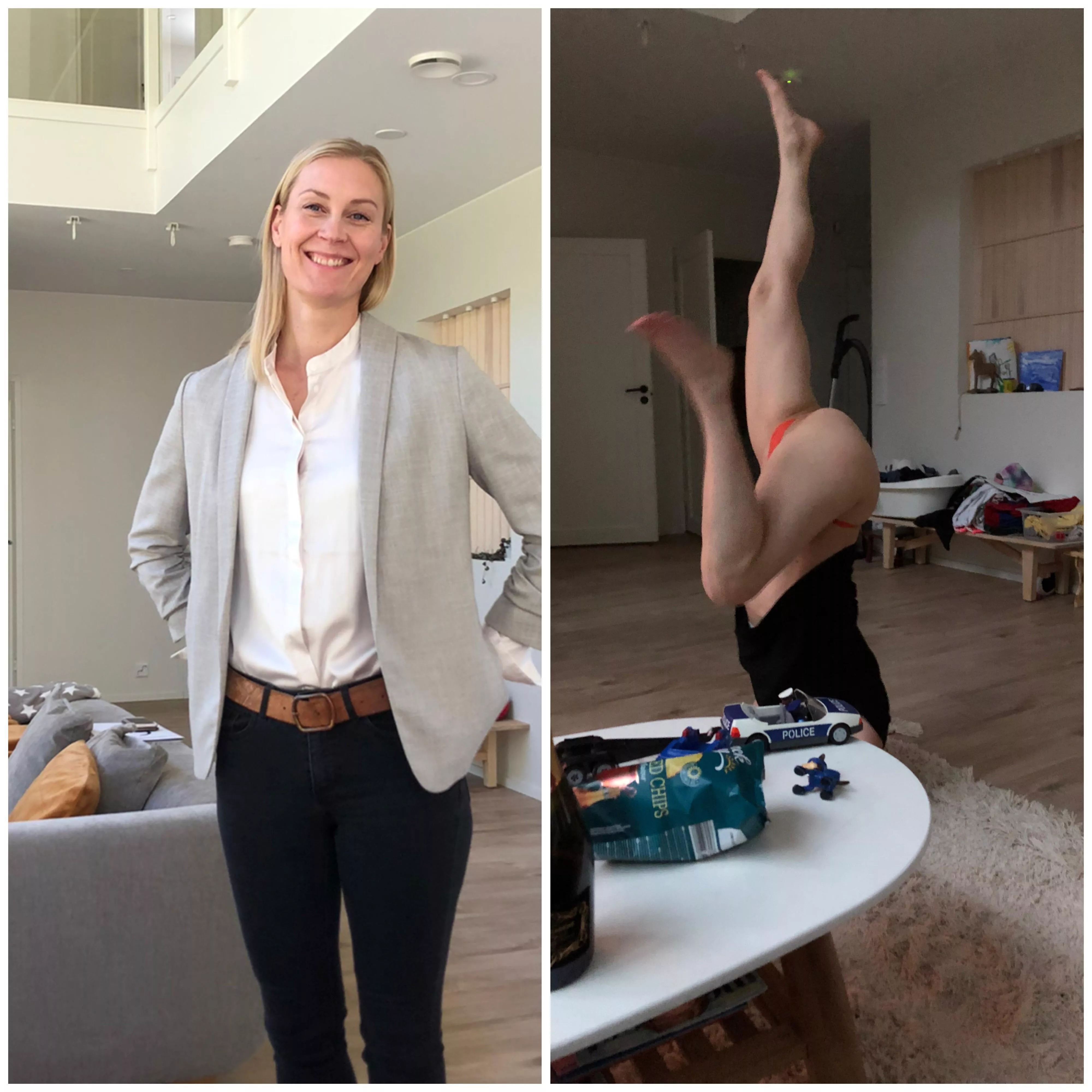 Mom before she’s off to work and mom when she’s back from work(+ 1 bottle of champagne)…