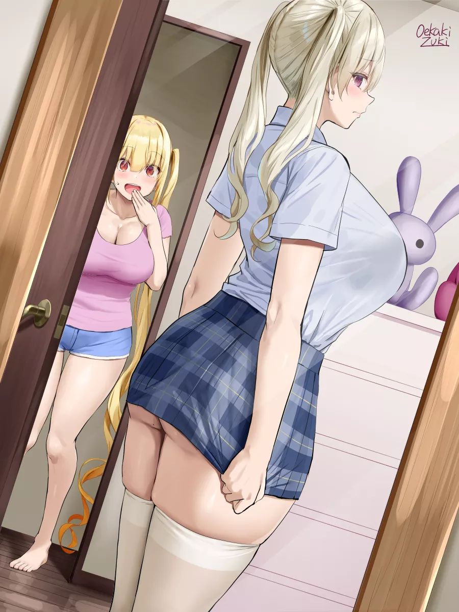 Mom trying on her daughter's school uniform