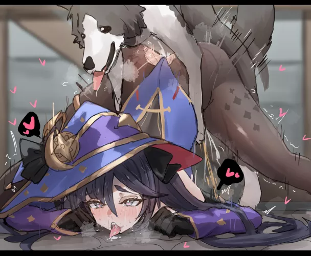 Mona playing with a dog (Genshin Impact) [woodHorn]