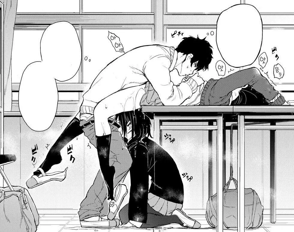 Mono 1boy, 2girls, arms up, black hair, blowjob, breast sucking, classroom, clothed, empty/blank text/speech bubble, foreign text, from side, hairclip, handbag, kneeling/on knees, licking nipple, on table, pussy juice, school uniform, schoolbag, sfx, shi