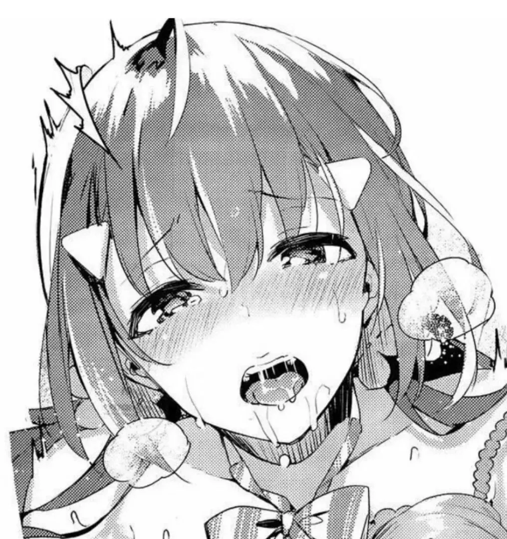 Mono: 1girl, long dark/brown hair between eyes, eyebrows visible through hair, bangs, sidelocks, ahoge, hair flower, hairclip/hairpin/hair ornament, ahegao, blush, open mouth, tongue out, upper teeth, saliva trail/drool, sweat, tear, bowtie, bare shoulde