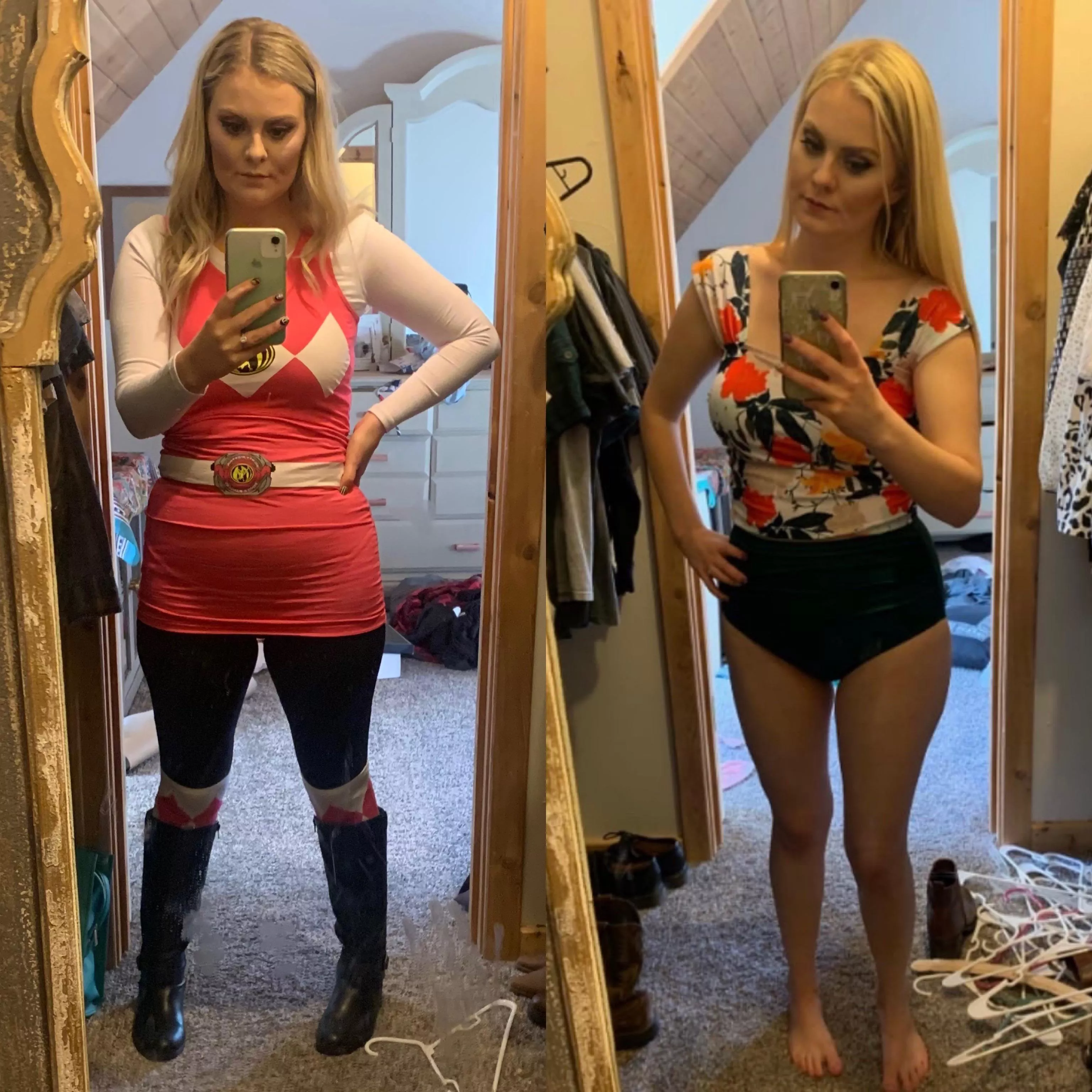 My 26yo wife and mom of 2. Left pic is her in a PowerRanger costume yesterday. Right pic is her in her one piece last summer. She’s 5’2 as well. What do you all think of her? Don’t hold back😈. I’ll make a collage of her in her bra and panties 