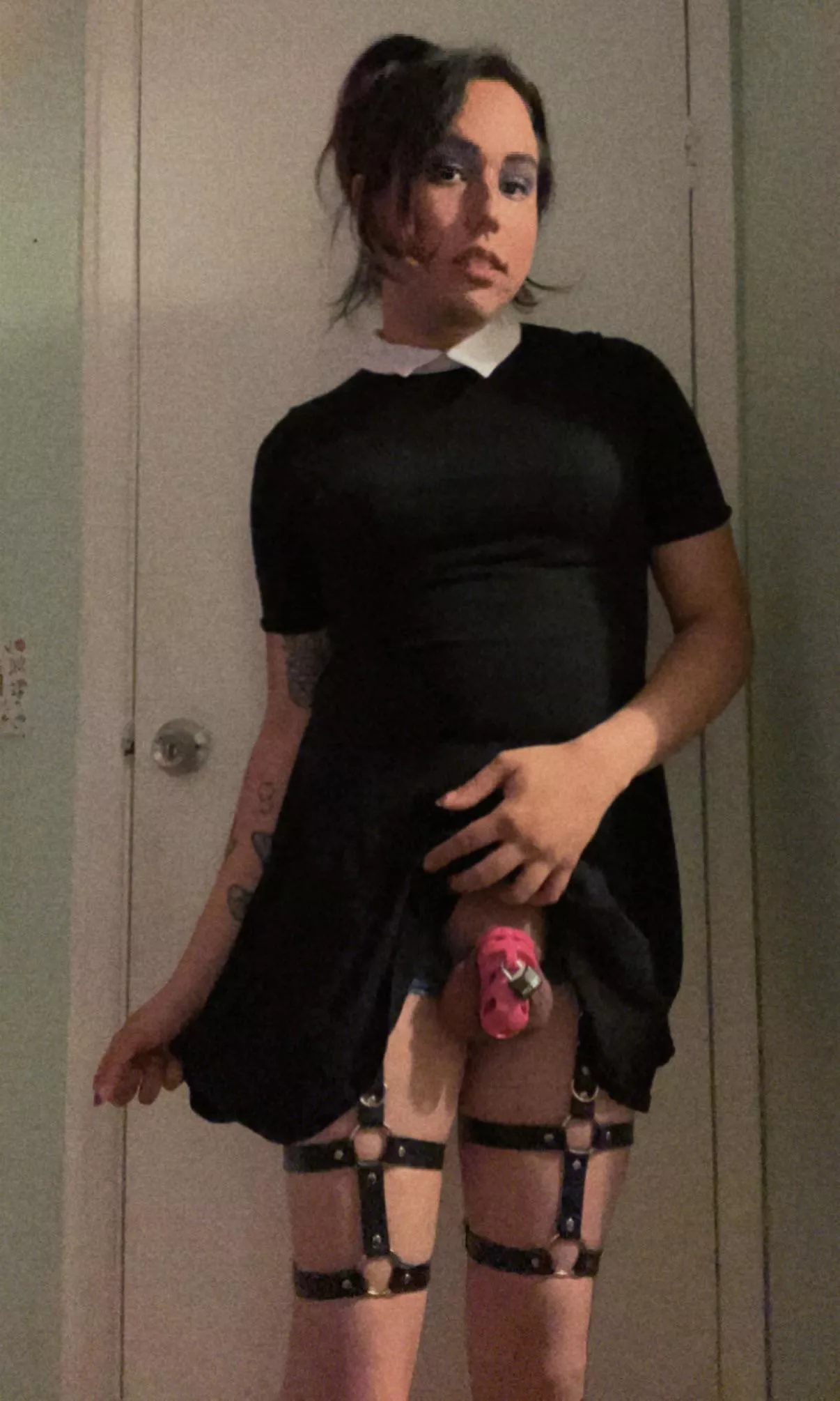 My gf has to keep me caged because I dress to slutty. My gf has to keep me caged because I dress to slutty.