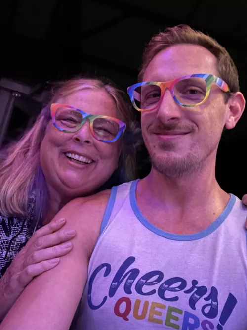 My mom and I sporting our Pride glasses! My mom wishes everyone a happy Pride and gives you all mom hugs!