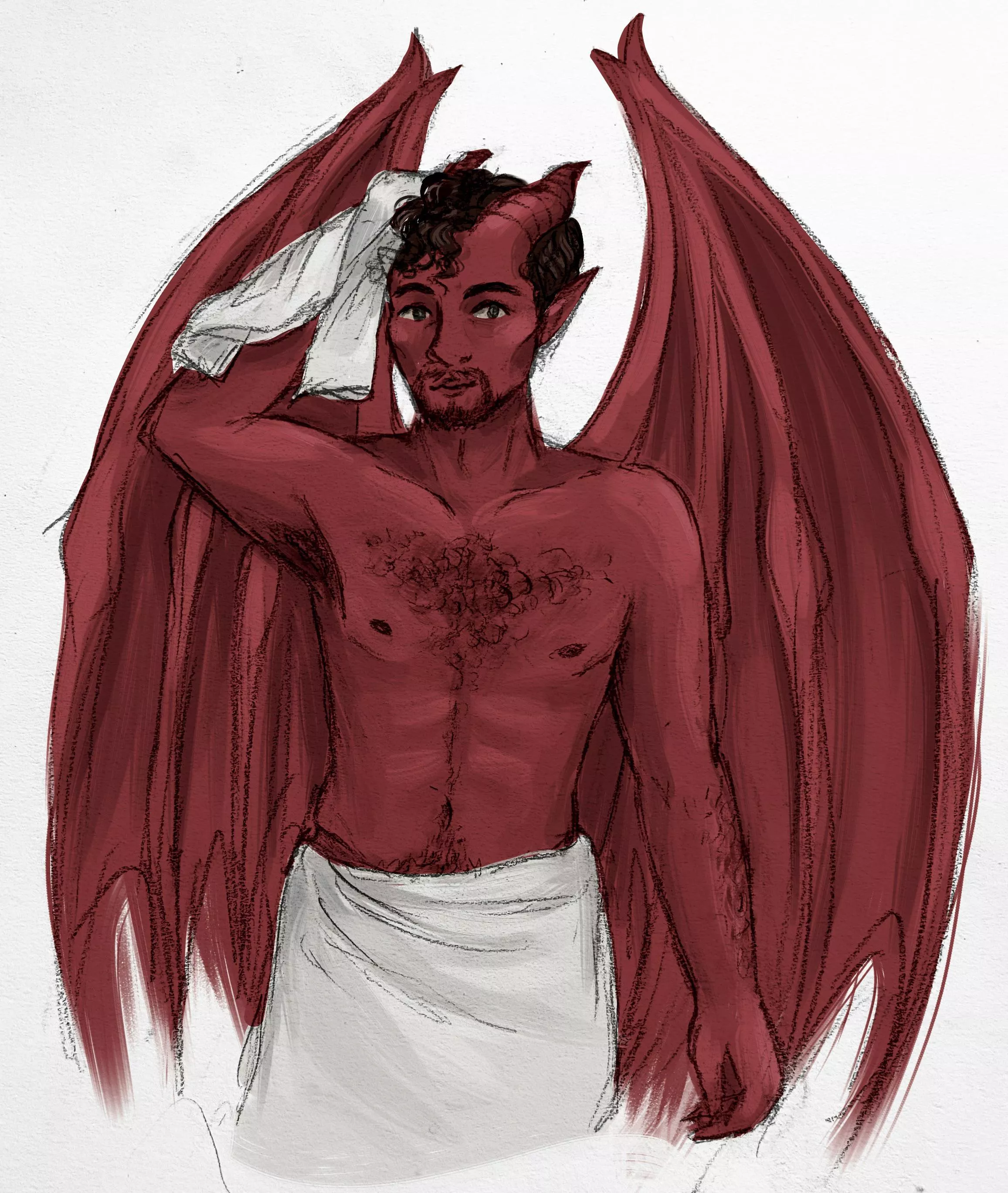My new character, a Tiefling Cleric! Here’s a digitally-coloured sketch of him drying off after a shower My new character, a Tiefling Cleric! Here’s a digitally-coloured sketch of him drying off after a shower