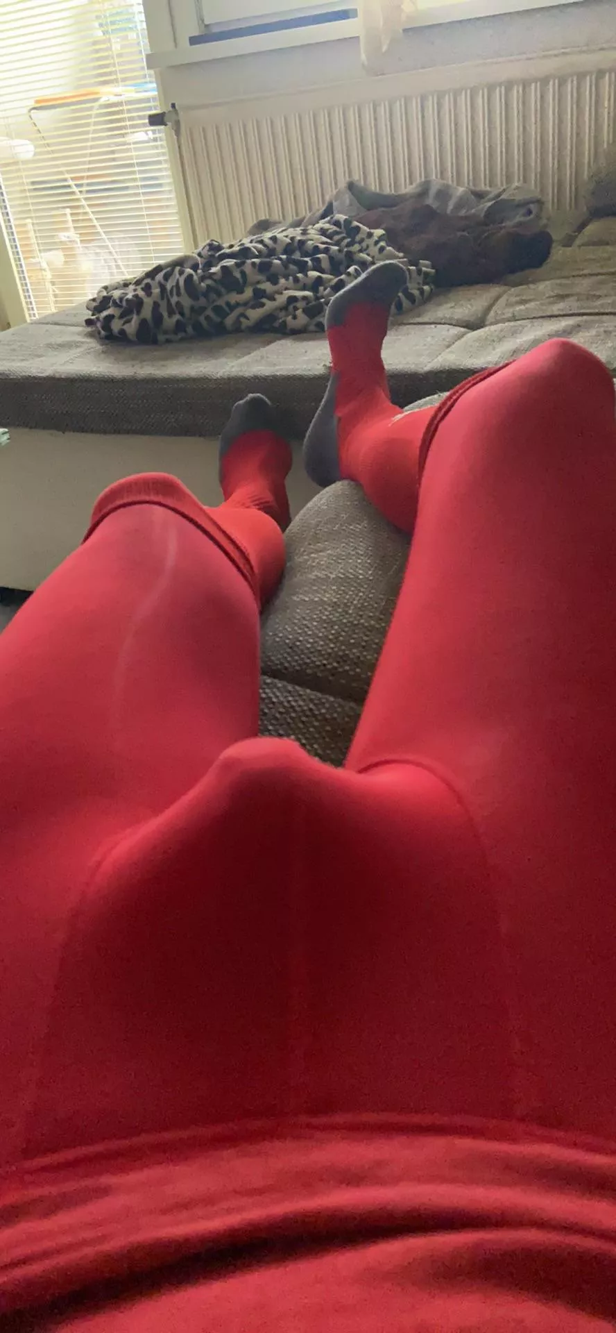 my new red tights make an incredible exaggerated bulge and match so well with my long red soccer socks! 🤷🏻‍♂️😅