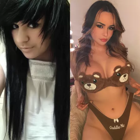 my transformation so far! wow canโt believe that first photo was me lol the new fake boobs help me feel like a pretty bimbo ๐๐