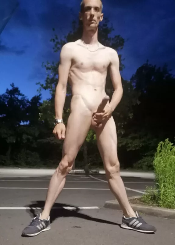 Naked in Parking lot at night with a boner