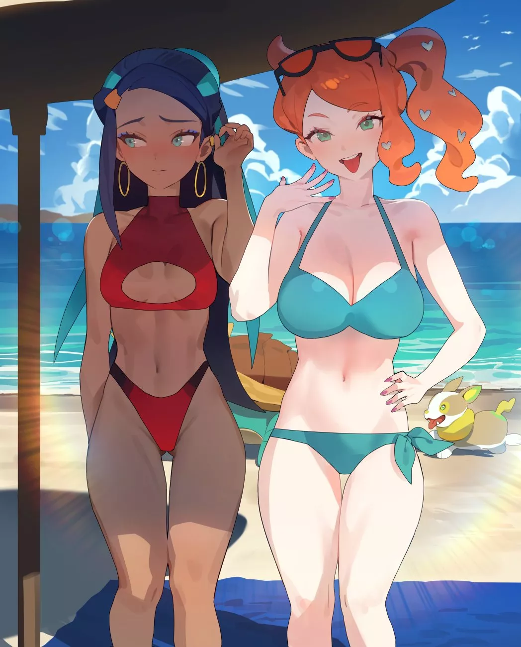 Nessa, Sonia - Escaping the cold northern emisphere and enjoying the beach (Hood, 후드) [Pokemon]