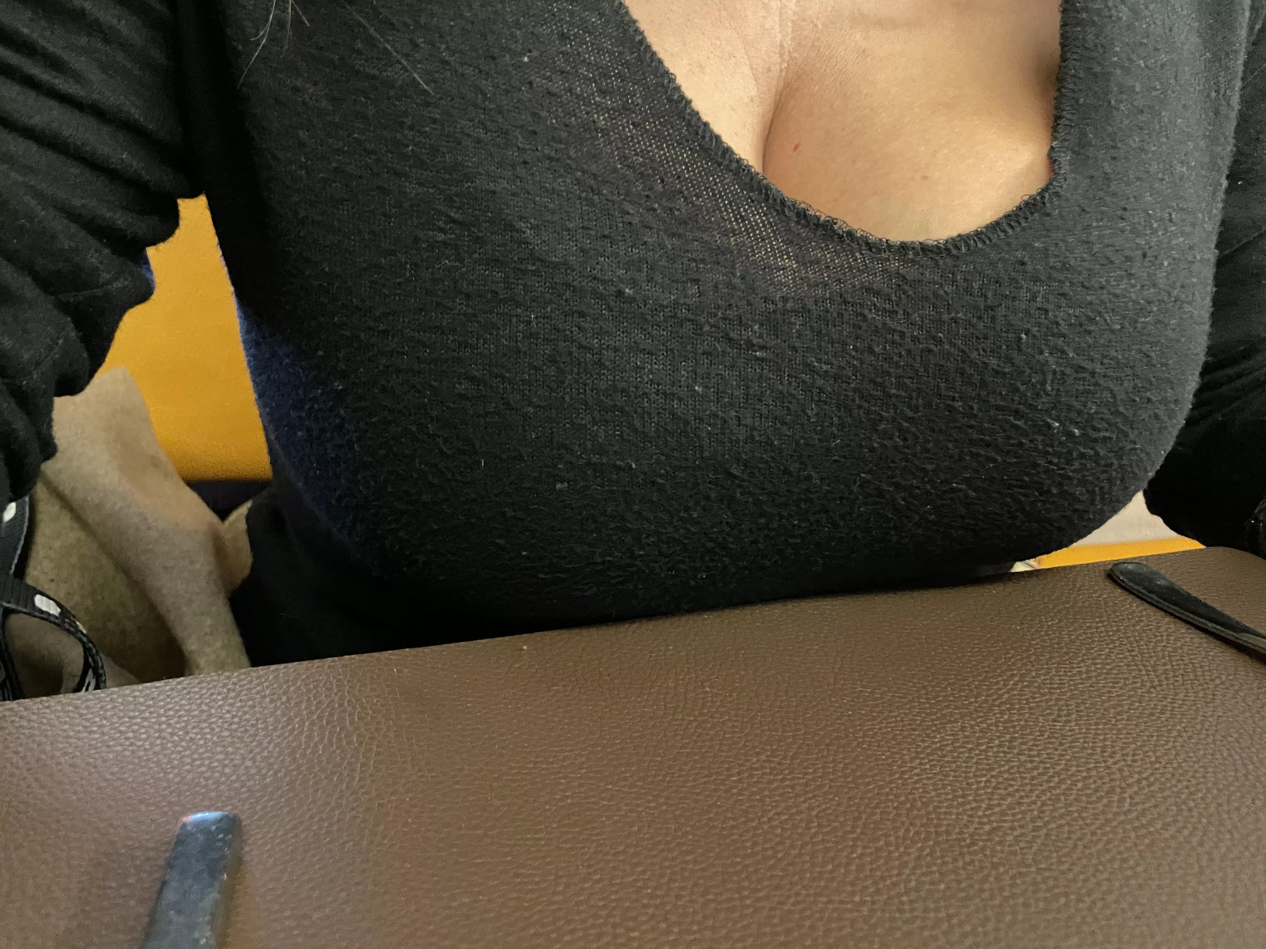 No cleavage top normally. But my huge boobs are push km/h the shirt forward.