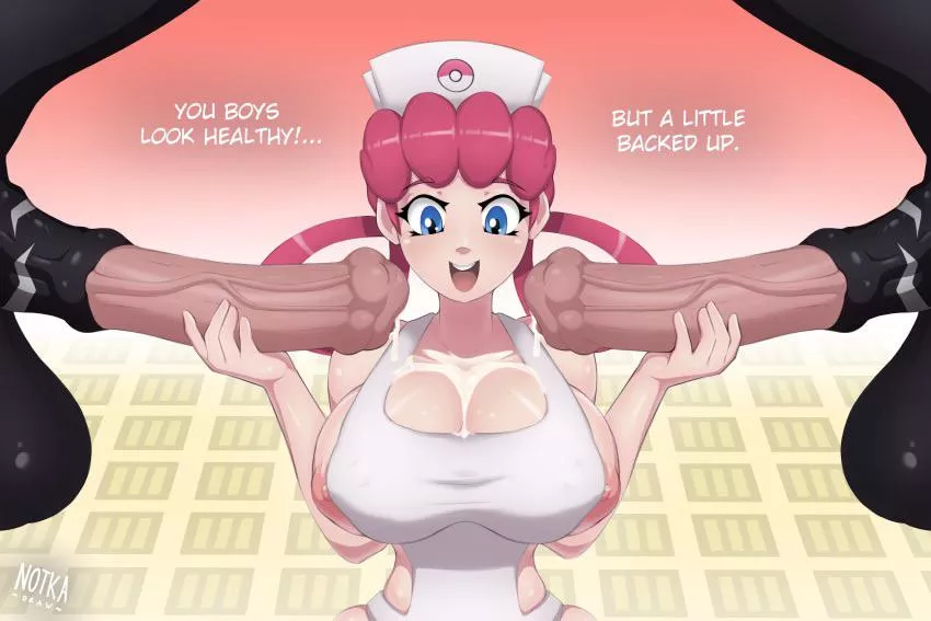 Nurse joy taking care of 2 Zebstrika cocks (notkadraw)