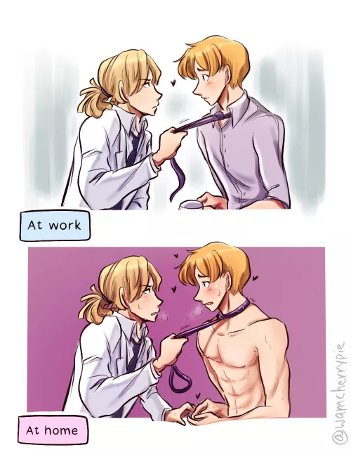 [OC] Domme can’t openly do s*xual stuff to her sub in the office.. so she finds a way to covertly show what she’s going to do to him when they get home :)