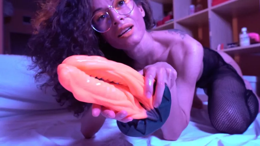 Orange snow - Stacy Bloom enjoy double anal toy at home in sexy opened-ass fishnet shorts.