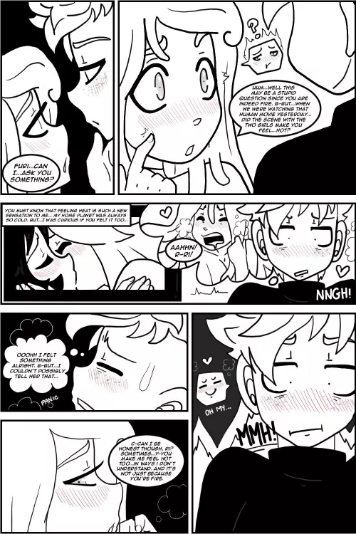 [Original]Eva innocently trying to process her newfound concept of heat/attraction(before their relationship)Eva was adapting to Earth & learning about humans/the English language. & since she’s a water creature, her questions can be blunt. Fur