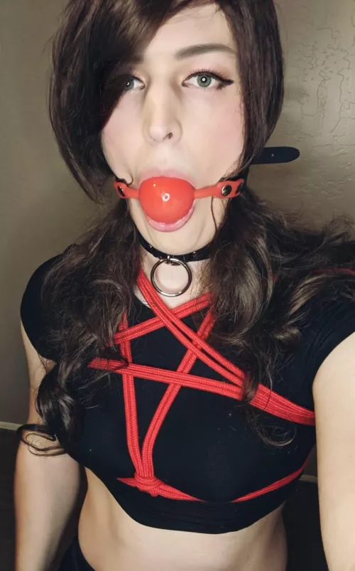 Pentagram chest tie, gagged, and collared - all I need now is a leash