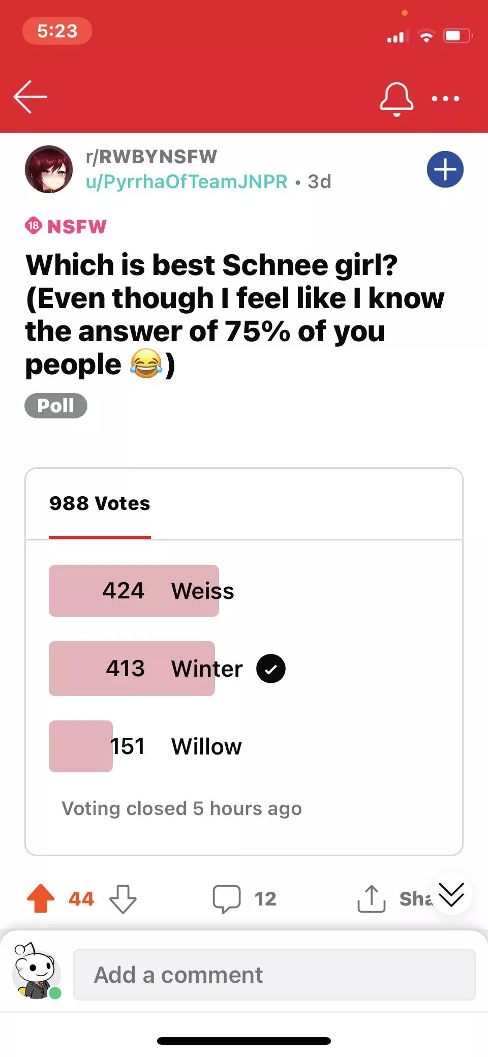 Poll is done! I’m not surprised that Weiss won, but I am surprised with the amount of votes winter got, especially how close she got to Weiss.