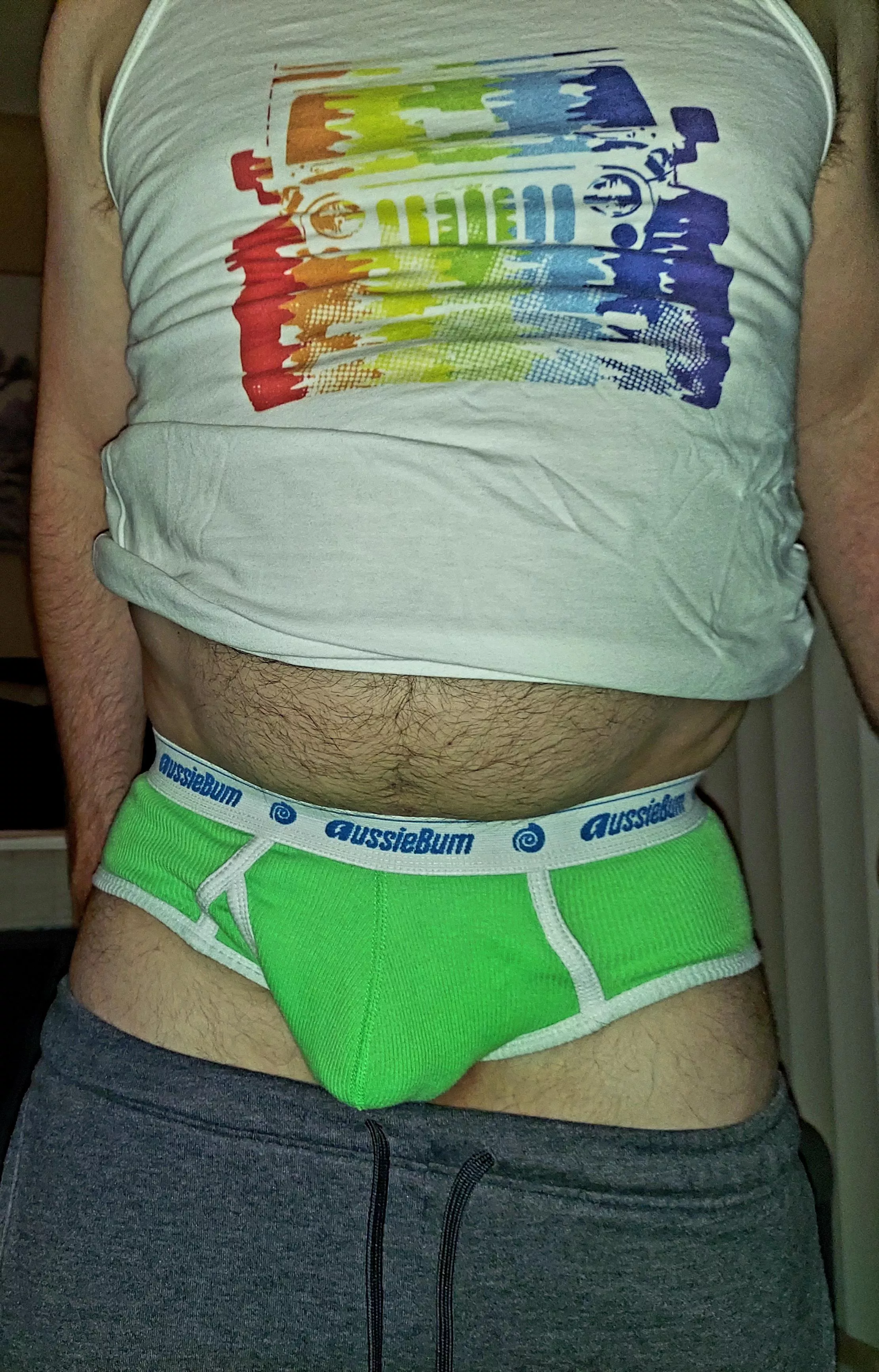 Pride Jeep in lime briefs