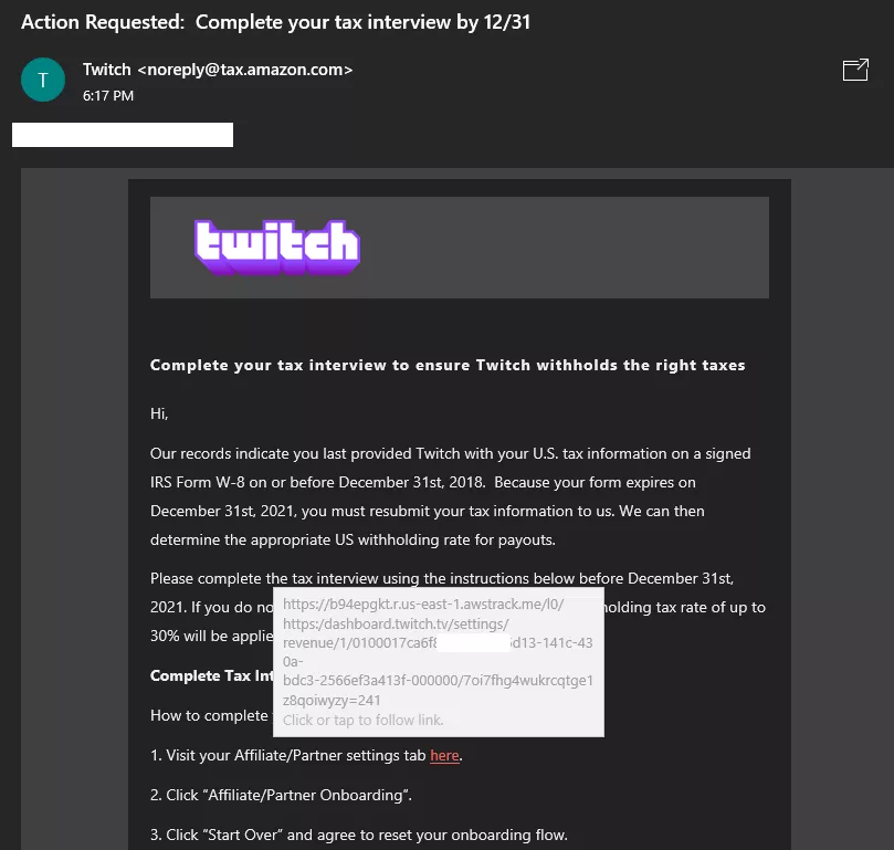 PSA: Be wary of phishing emails, I received this a couple hours ago and it looked legit, until I realized it doesn't use usernames at all, and the link links to a tracking website which logs your system information / ip address.