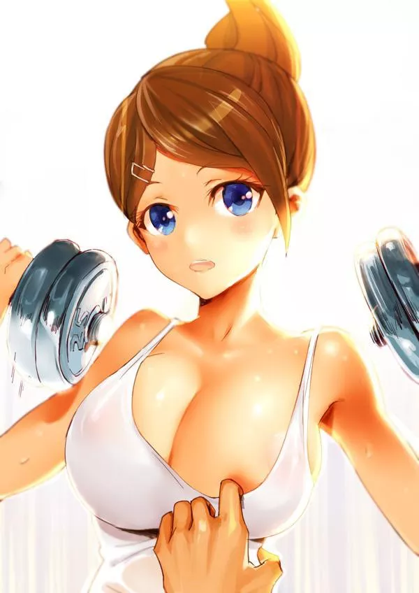 Pulling Asahina’s shirt down while she works out Pulling Asahina’s shirt down while she works out