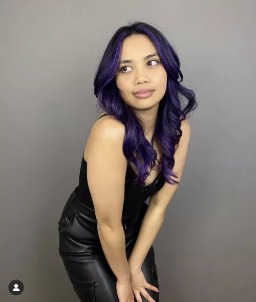 Purple hair Filipina in leather tights