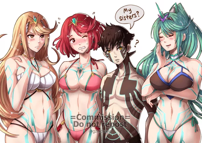 Pyra, Mythra and Pneuma meet their long lost little brother Demi-Fiend (Gzeidraws)