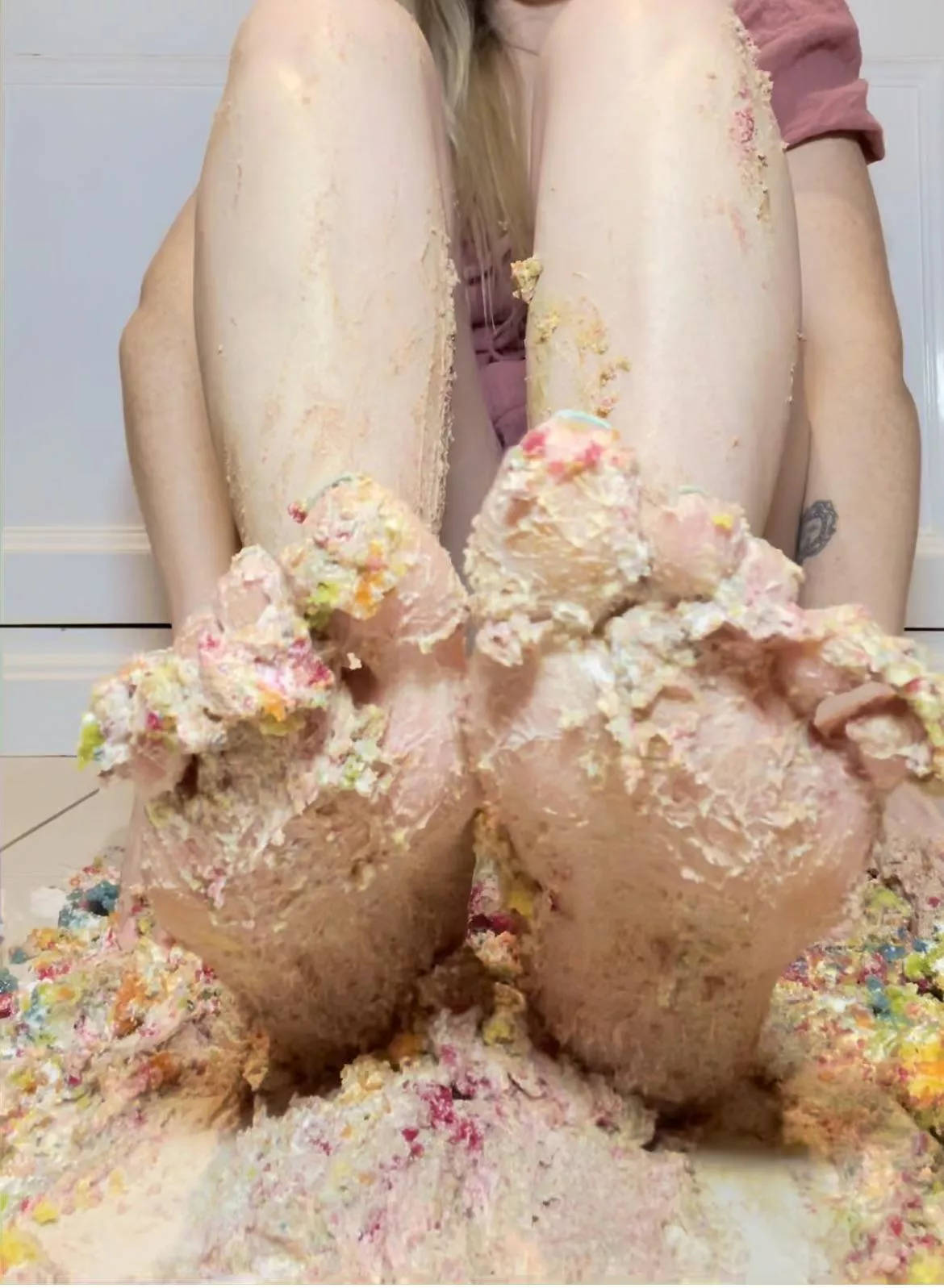 Rainbow cake smashed! Now who is going to clean me up Rainbow cake smashed! Now who is going to clean me up