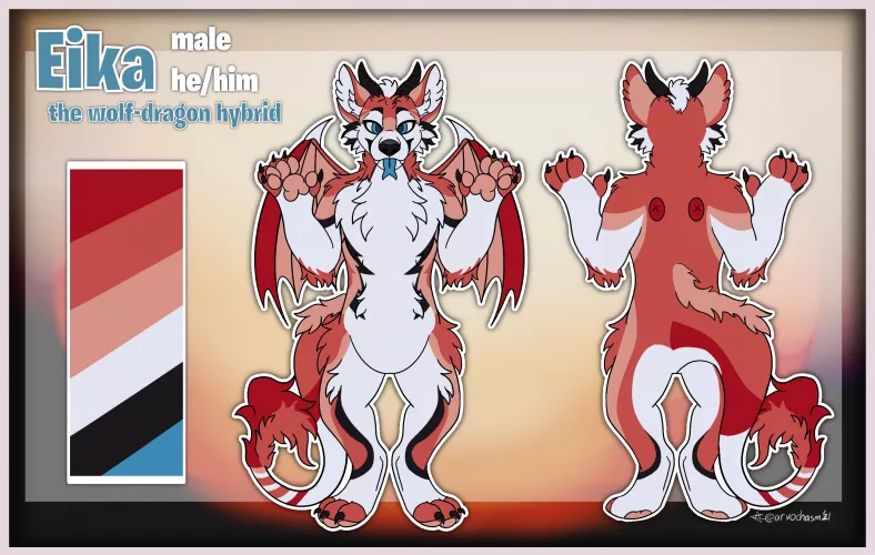 Reference sheet of my fursona (art by @arvochasm on twitter)