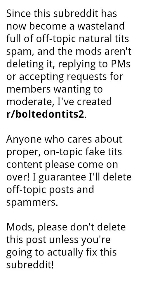Replacement subreddit - r/boltedontits2 - come and join!