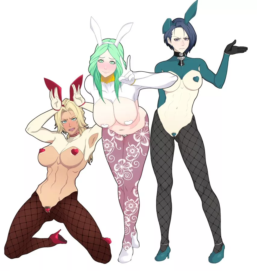 Rhea, Shamir, amd Catehrine in inverted bunny suits (SIHKYGMOJSN)